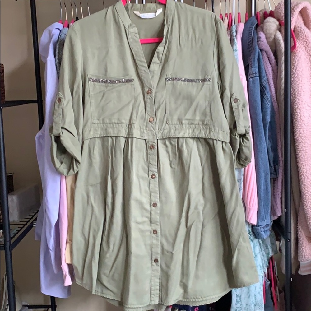 Army Green Flowy Dress with Sparkly Pockets